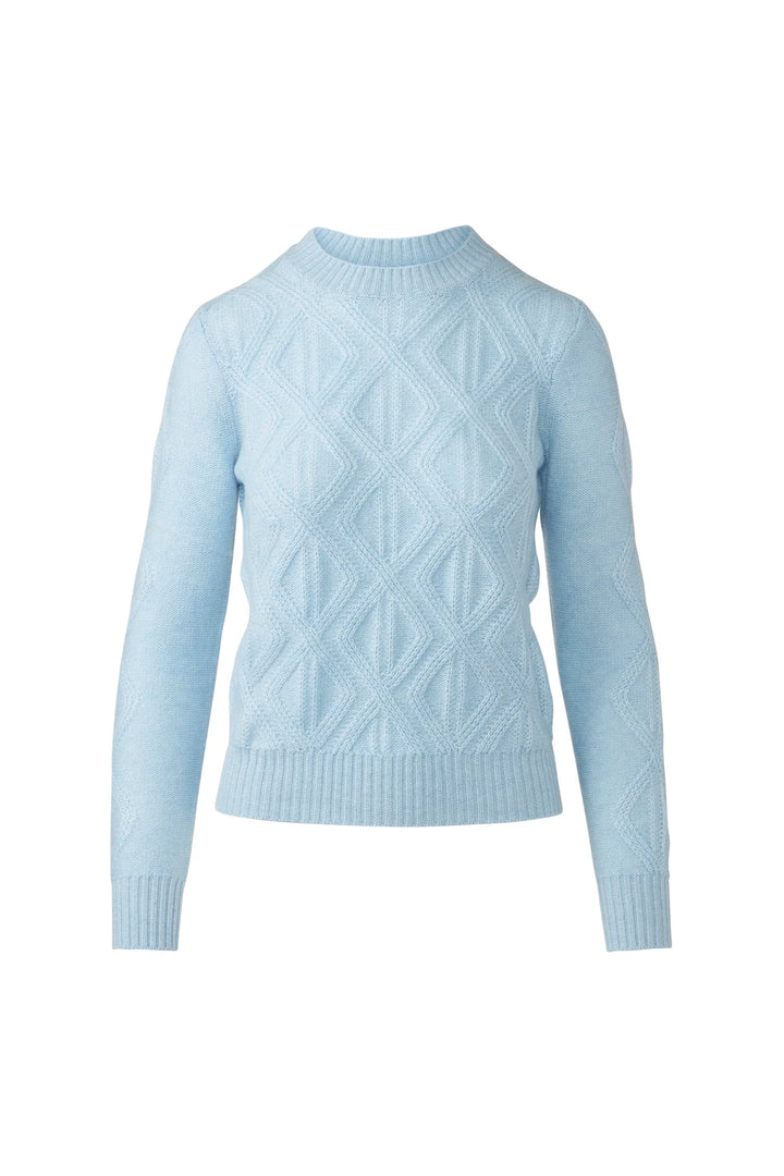 Flat lay of a horizon blue diamond cable knit cashmere crewneck sweater.