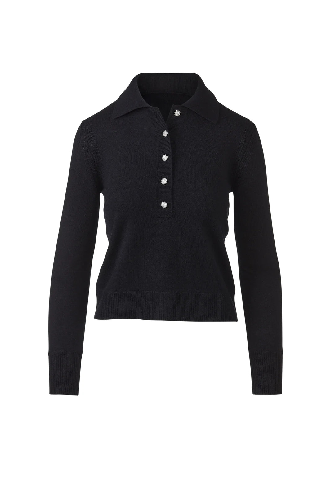 Flat lay of a black cashmere polo sweater with crystal buttons and ribbed cuffs.