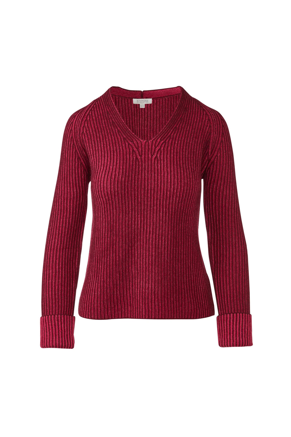 Flat lay of a cranberry plaited rib cashmere sweater with a V-neckline and folded cuffs.
