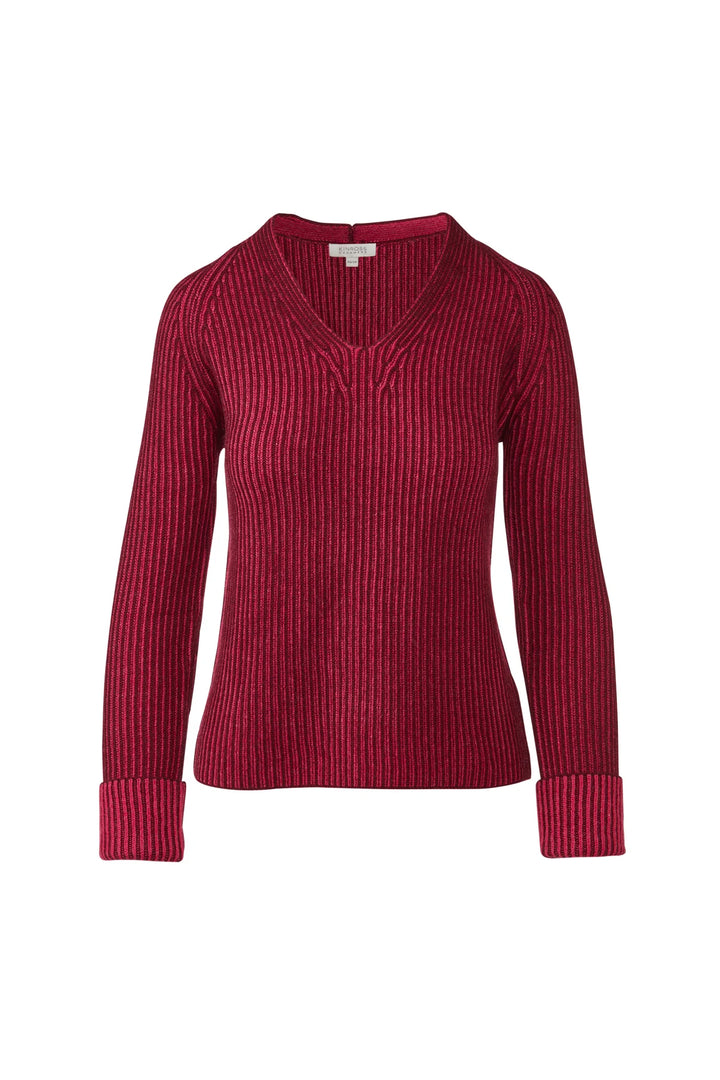 Flat lay of a cranberry plaited rib cashmere sweater with a V-neckline and folded cuffs.