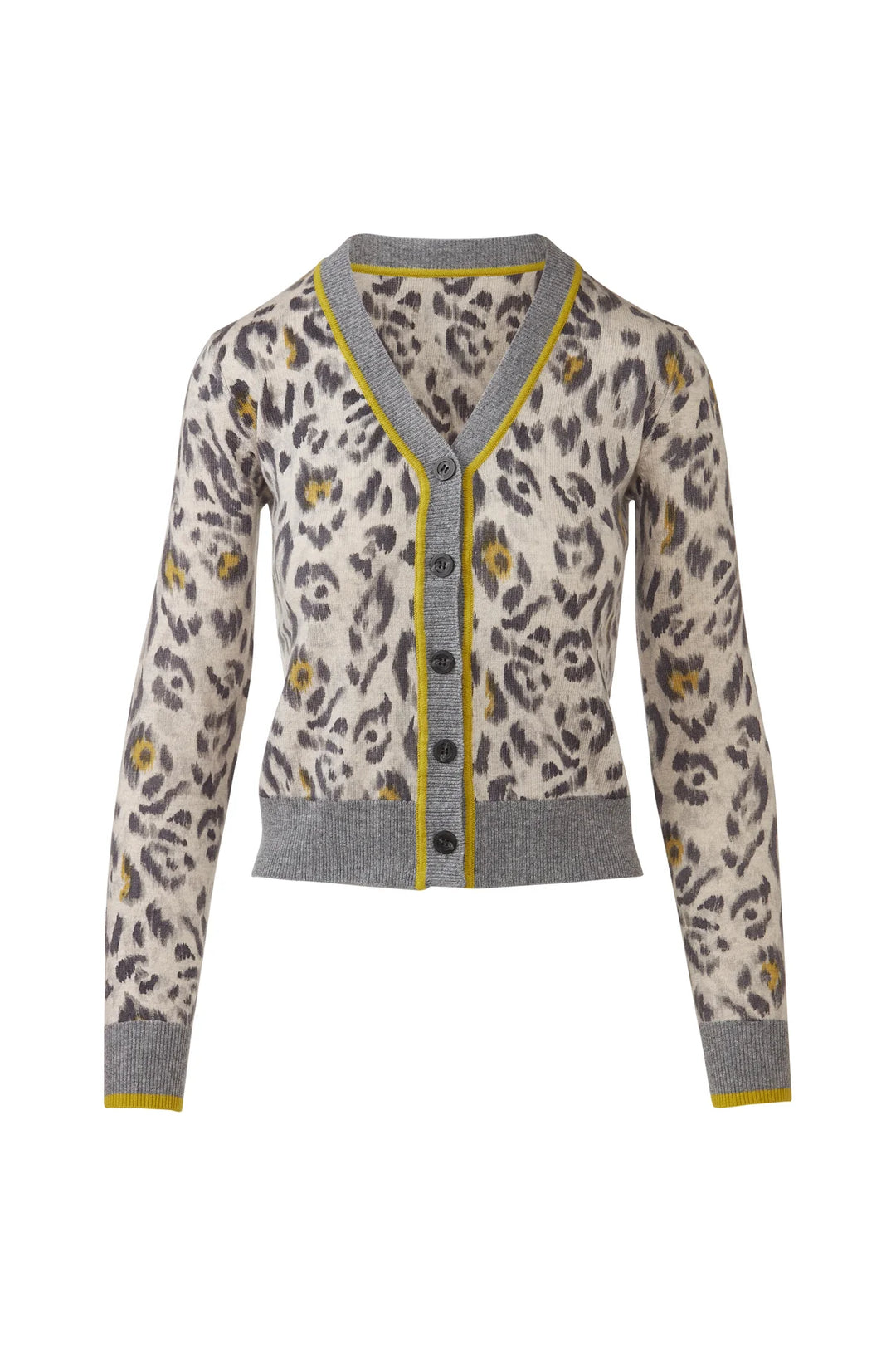 Flat lay of the agate leopard print cashmere cardigan with button-front closure and contrast trim.