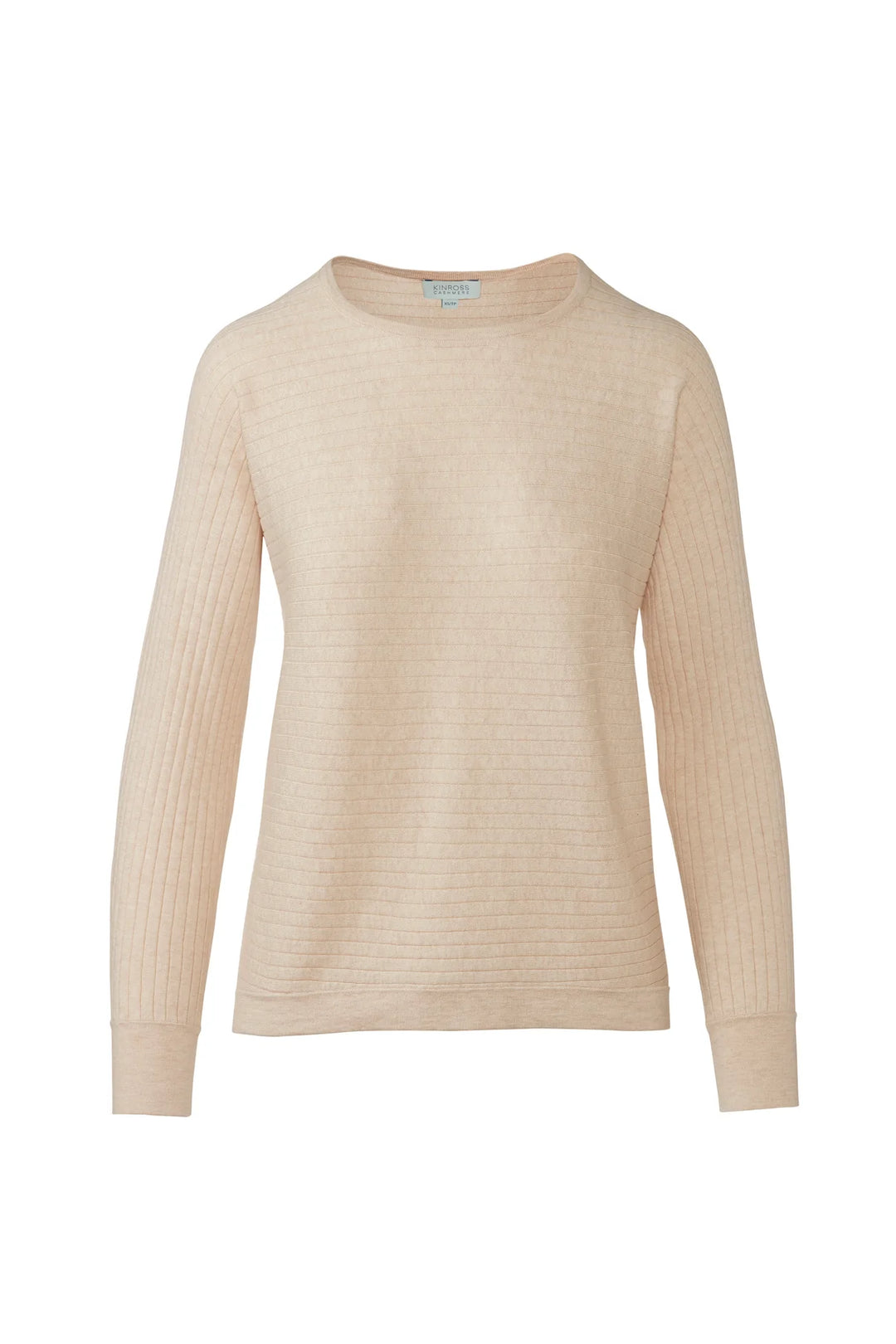 Product flat lay: Flat lay of a beige horizontal rib knit pullover with round neckline and ribbed cuffs