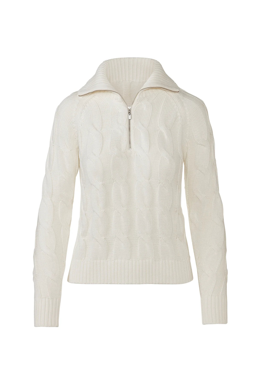 Flat lay of a cream cable knit sweater with a zipped mock neckline.
