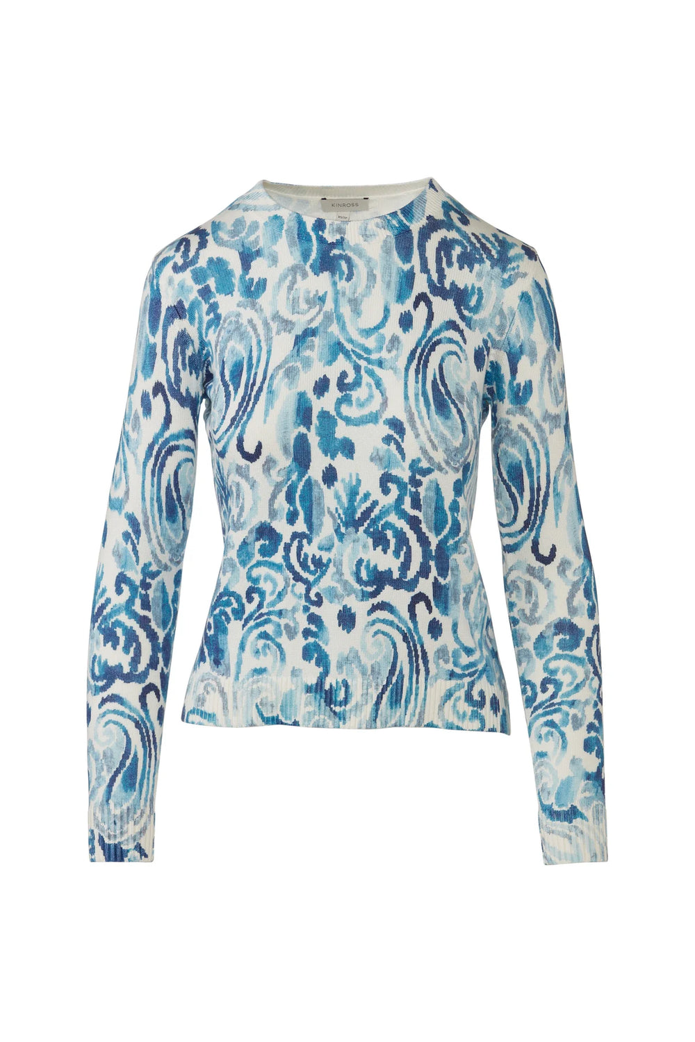 Flat lay of a blue and cream paisley print cotton crewneck sweater.