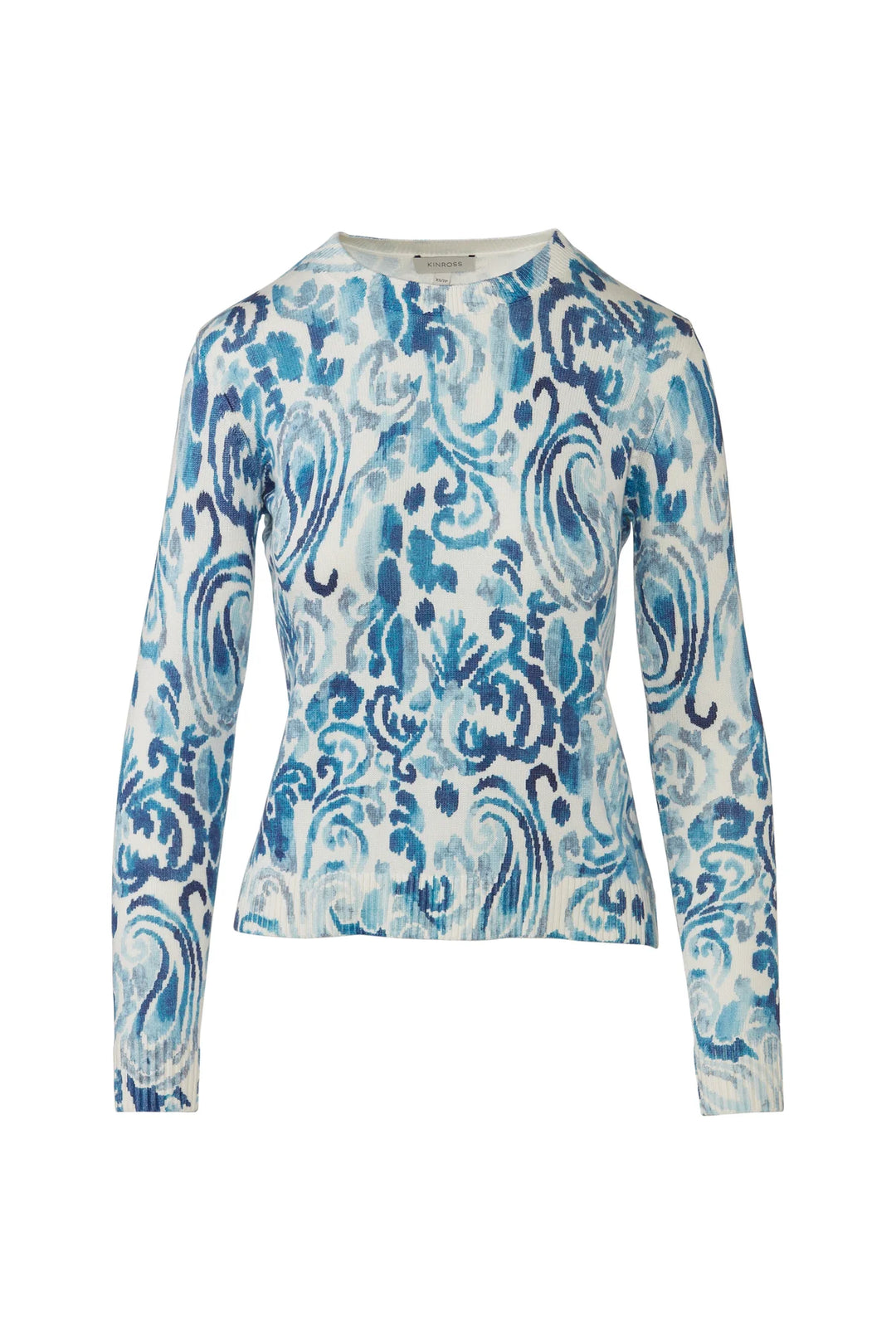 Flat lay of a blue and cream paisley print cotton crewneck sweater.