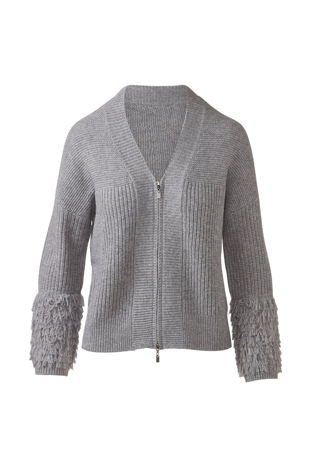 Flat lay of a granite grey fringe sleeve cardigan with a front zip closure.