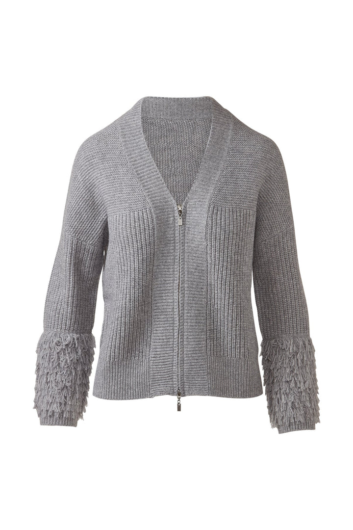Flat lay of a granite grey fringe sleeve cardigan with a front zip closure.