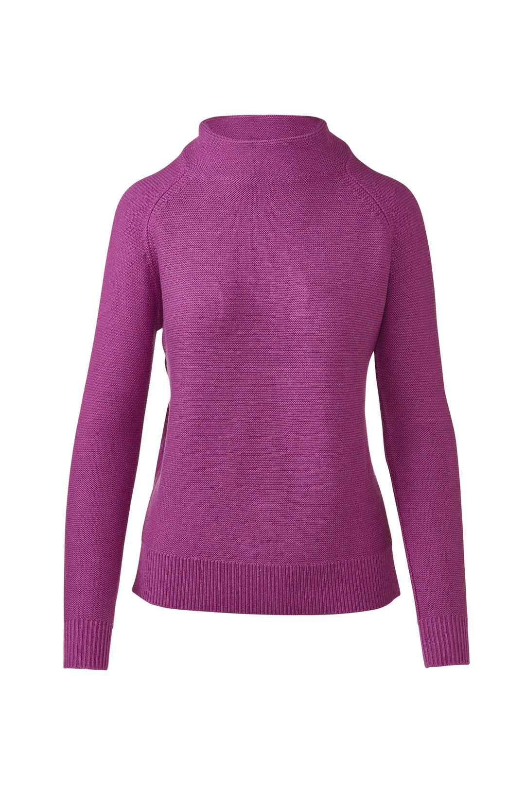 Flat lay of a magenta garter knit funnel neck sweater.