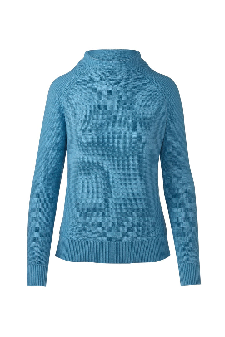 Flat lay of a blue garter knit funnel neck sweater.