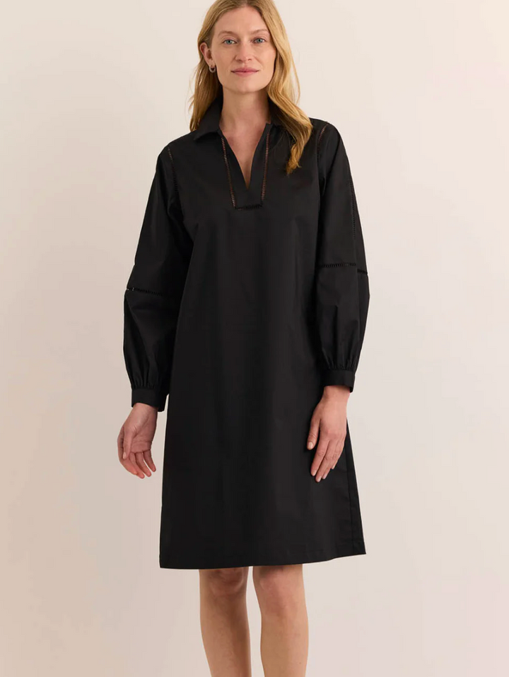 Hinson Wu Laura Long Sleeve Lace Trim Dress in black, styled with a point collar and full bishop sleeves, shown against a neutral backdrop.