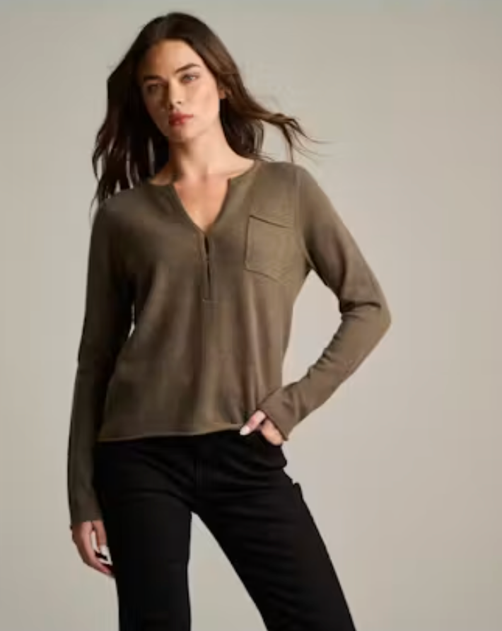 Lisa Todd Pure Pocket Sweater in Shale, cashmere quarter-zip with chest pocket, front view