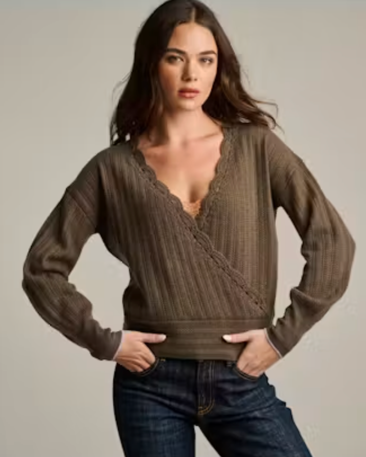 Lisa Todd Pure Pocket Sweater in Shale, cashmere wrap front with lace-trimmed V-neck, front view