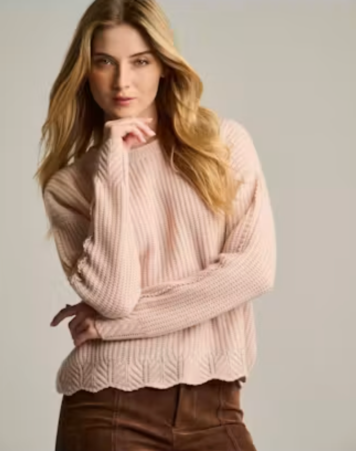 Lisa Todd Pure Ruffle Sweater in Ballet, ribbed cashmere knit with scalloped hem, front view