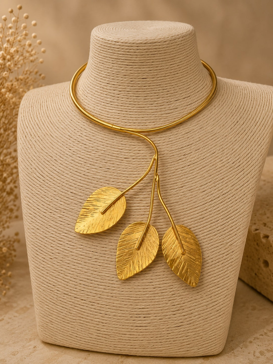 MARIZ Gold Leaf Collar Necklace by Ximena Castillo, 24k gold-plated bronze collar with three-leaf branch pendant