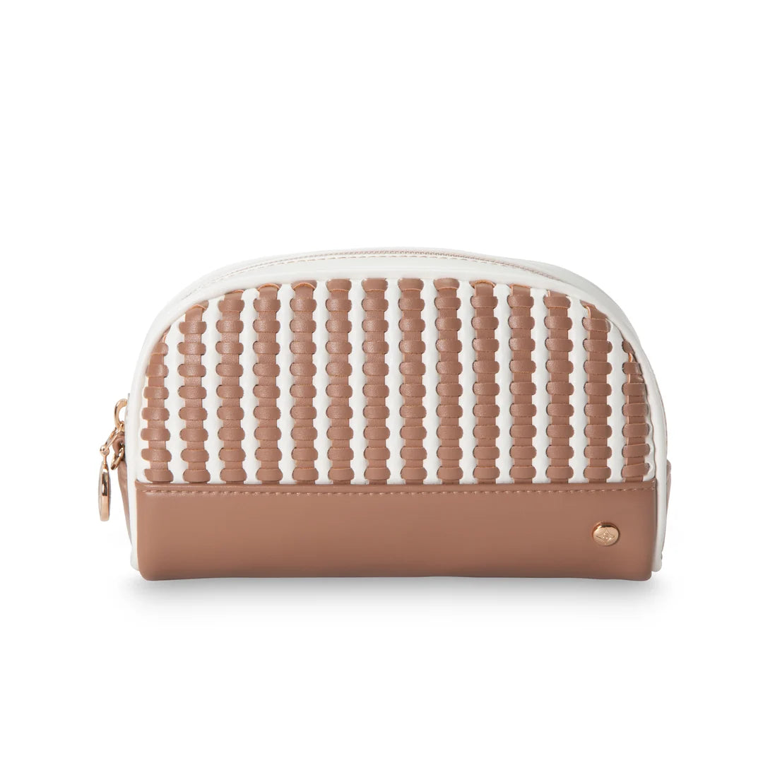 Front view: Stephanie Johnson Mae Mini Pouch in Marbella colorway, showing dome-topped silhouette with woven caramel-and-white leather panel, solid tan base, and rose gold zipper with engraved pull.