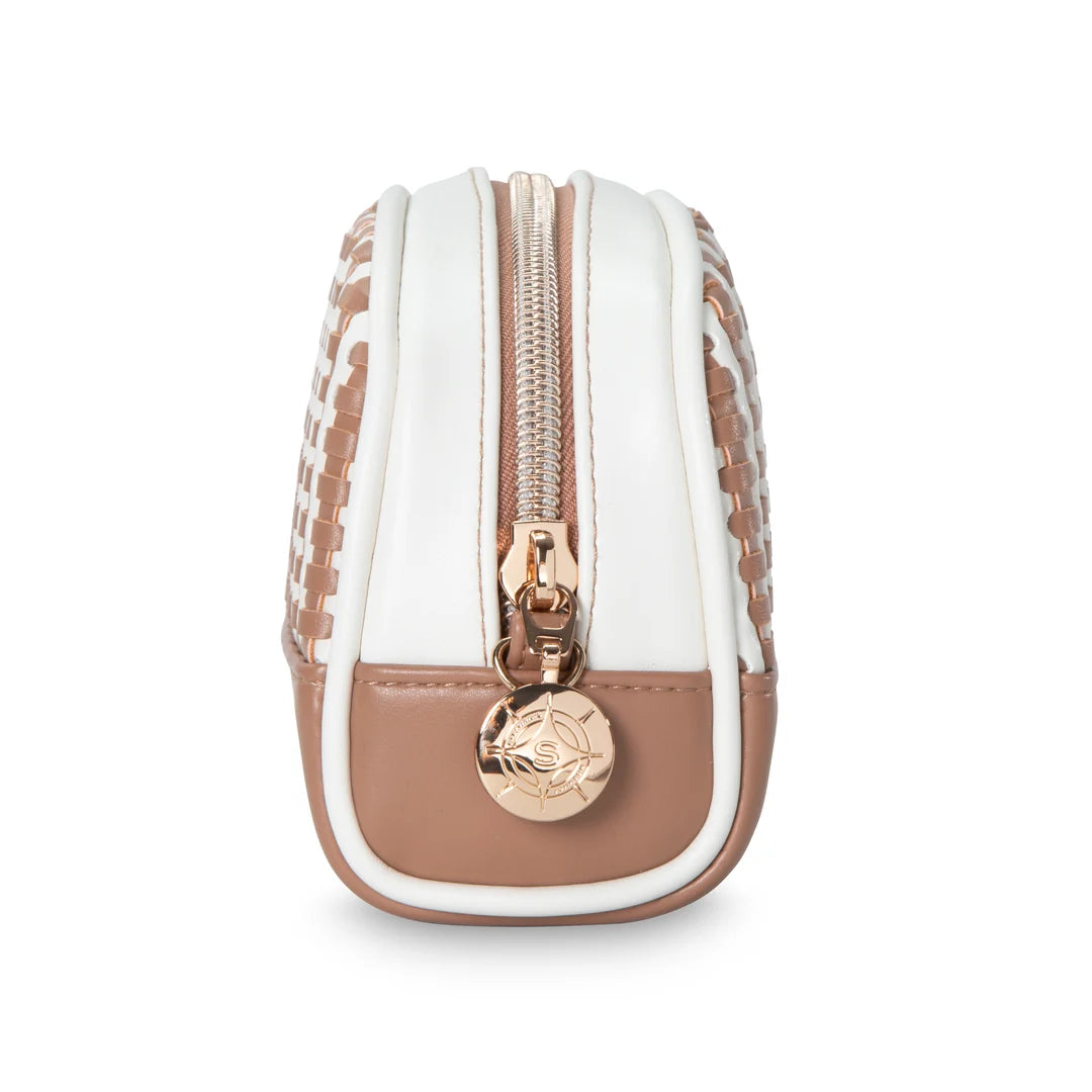 Back/end view: Stephanie Johnson Mae Mini Pouch in Marbella colorway, showing rounded end with centered rose gold zipper, engraved pull, and tan base panel with hardware stud.