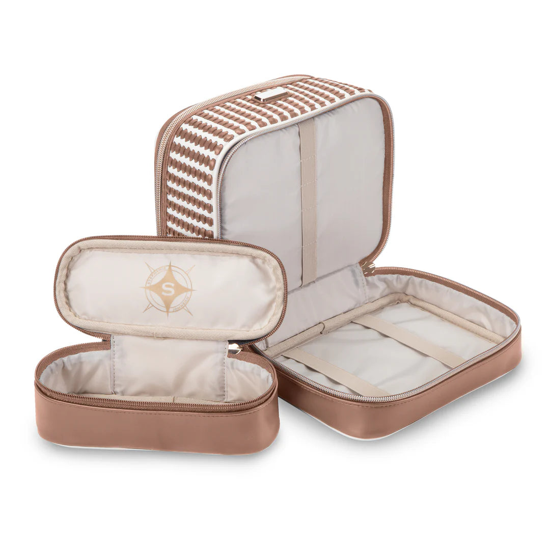 Flat lay with components: Stephanie Johnson Jenny Train Case shown open beside its two coordinating removable pouches, one displaying the brand&