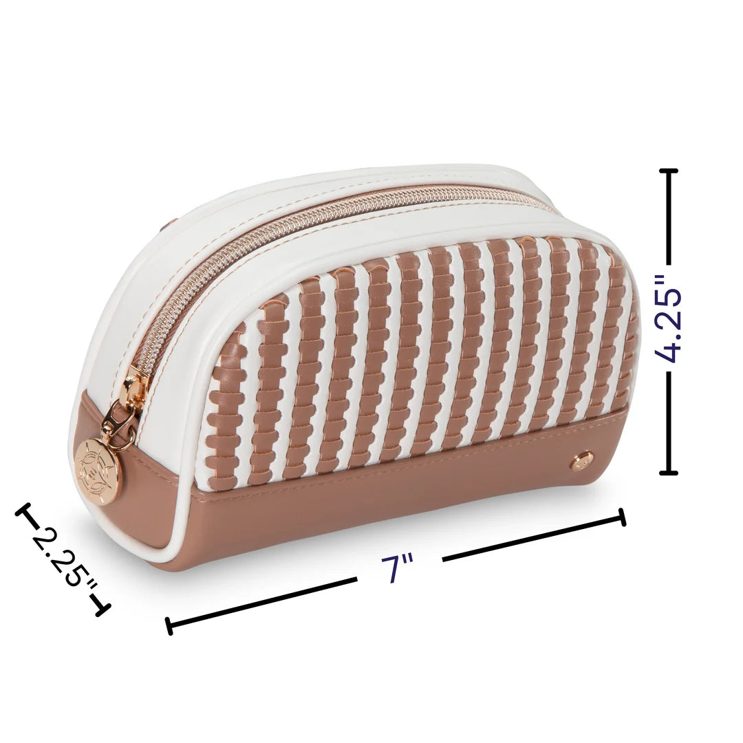 Dimension view: Stephanie Johnson Mae Mini Pouch in Marbella colorway with measurement callouts showing 4.25 inches height, 7 inches width, and 2.25 inches depth.