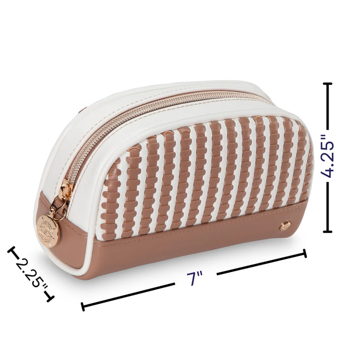 Dimension view: Stephanie Johnson Mae Mini Pouch in Marbella colorway with measurement callouts showing 4.25 inches height, 7 inches width, and 2.25 inches depth.