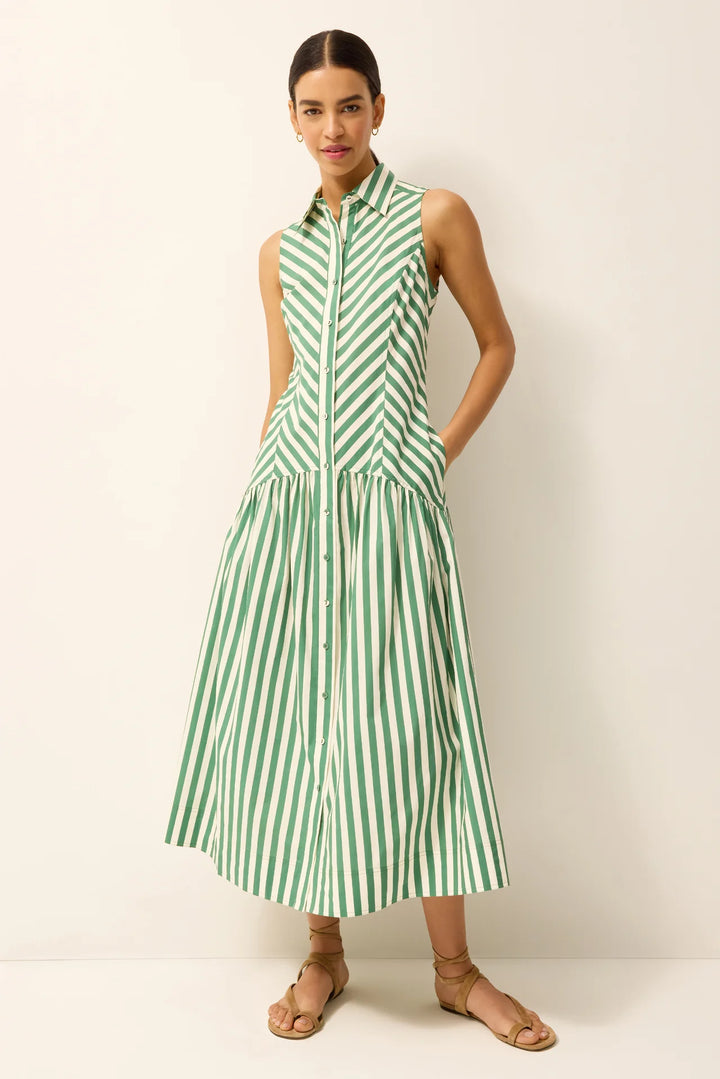 Marie Oliver Adalyn Dress in Verdure green stripe, sleeveless midi with collared neckline without belt, shown on model facing forward.