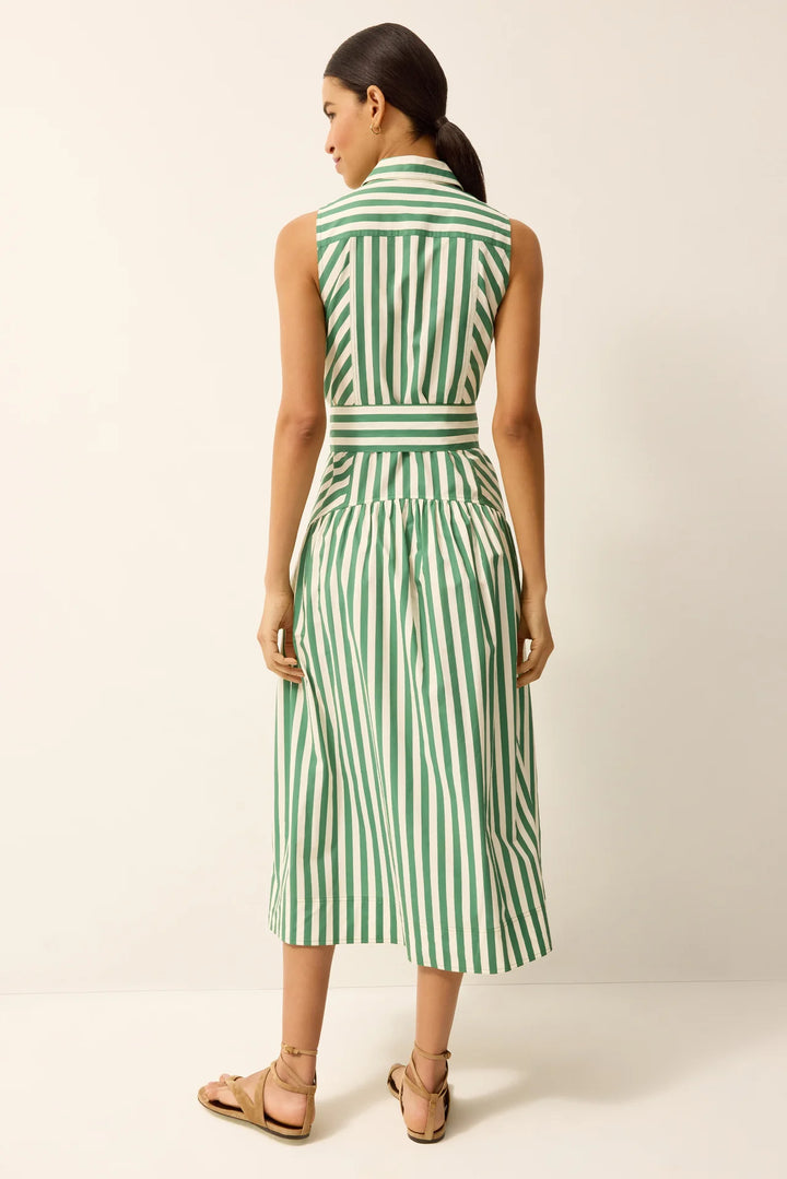 Marie Oliver Adalyn Dress, back view showing curved drop-waist yoke and gathered midi skirt in Verdure stripe.