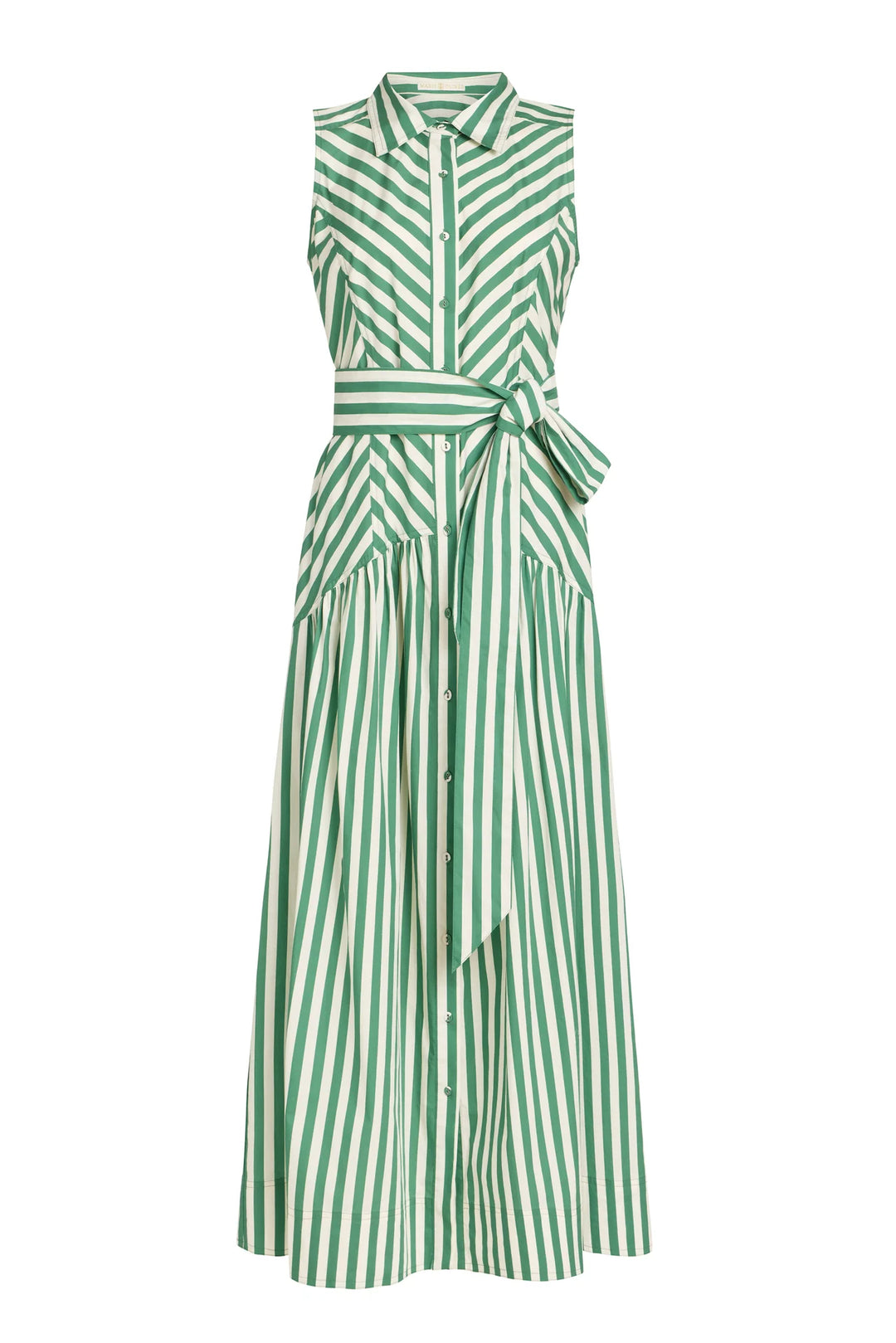 Flat Lay Marie Oliver Adalyn Dress in Verdure green stripe, sleeveless midi with collared neckline and sash belt tied at the waist, shown on model facing forward.