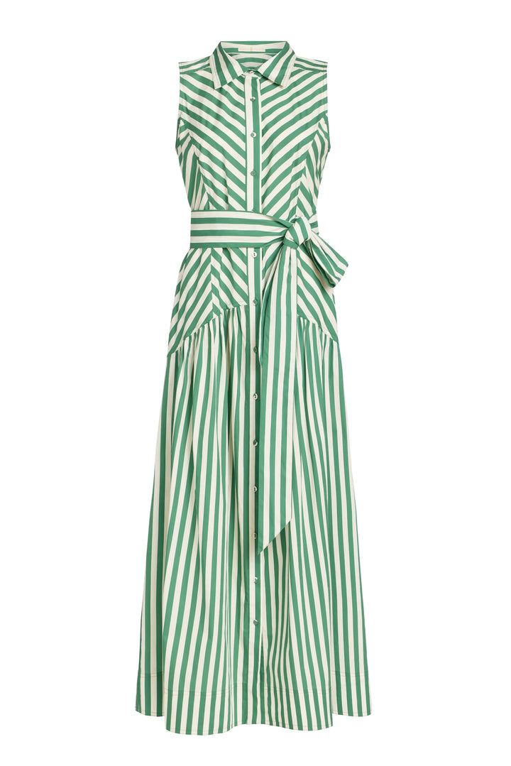 Flat Lay Marie Oliver Adalyn Dress in Verdure green stripe, sleeveless midi with collared neckline and sash belt tied at the waist, shown on model facing forward.