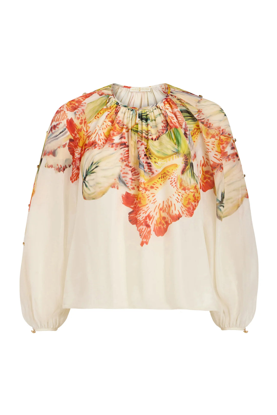 Marie Oliver Arabella Blouse in ivory silk with Sonnet botanical placement print, gathered neckline, and gold button sleeve detail. - blouse only