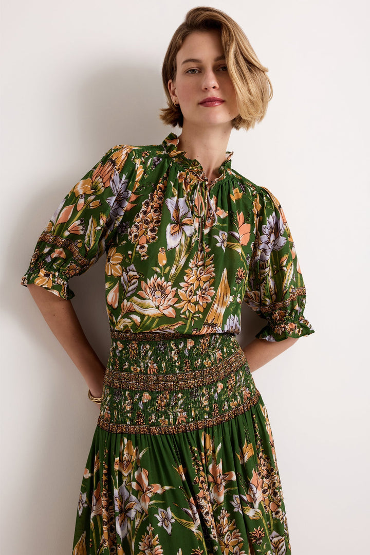 Marie Oliver Billie Blouse in Greenhouse — front detail view showing ruffled neckline, neck ties, and floral print