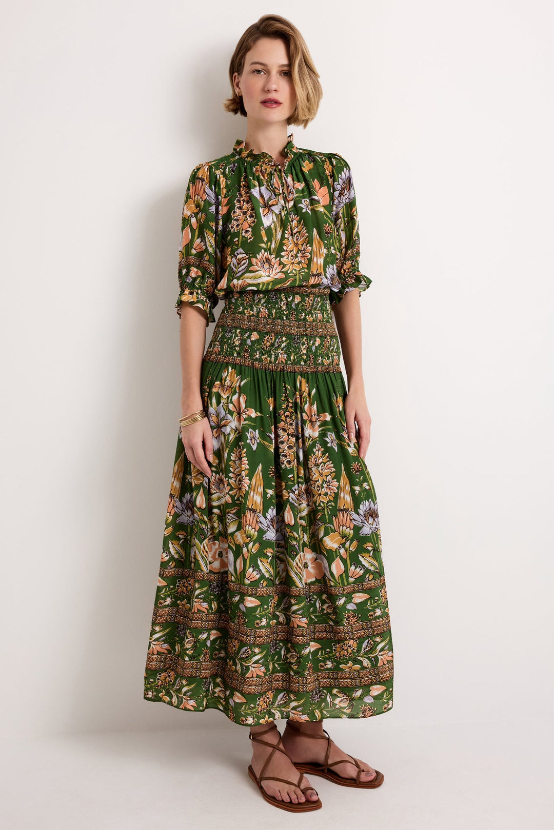 Marie Oliver Billie Blouse in Greenhouse — front view styled with coordinating Greenhouse print maxi skirt