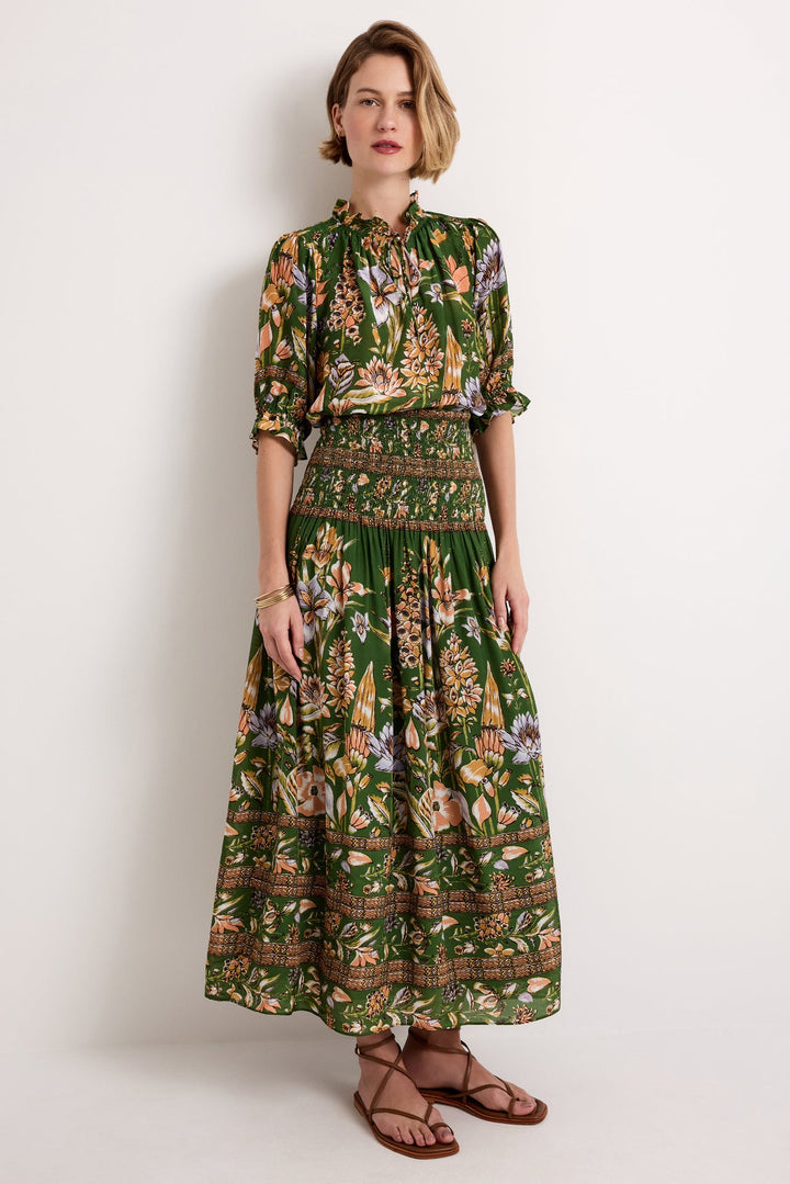 Marie Oliver Billie Blouse in Greenhouse — front view styled with coordinating Greenhouse print maxi skirt