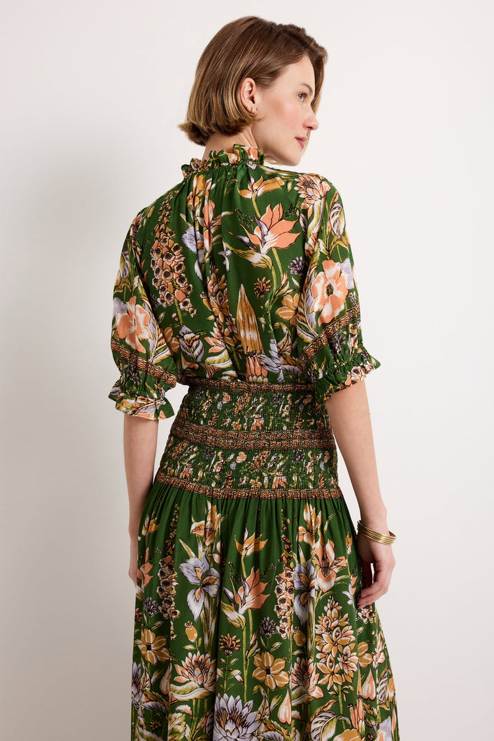Marie Oliver Billie Blouse in Greenhouse — back view styled with coordinating Greenhouse print maxi skirt