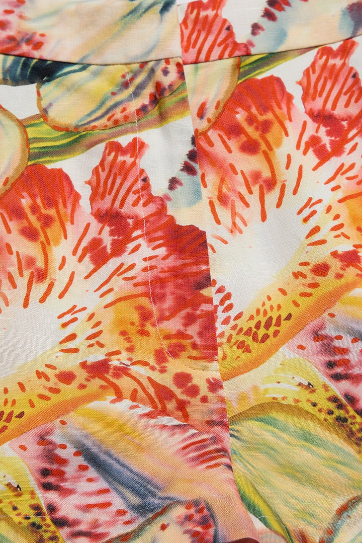 Marie Oliver Blanche Short in maximalist botanical floral print on linen-cotton blend with natural waist and fly closure. - upclose material shot