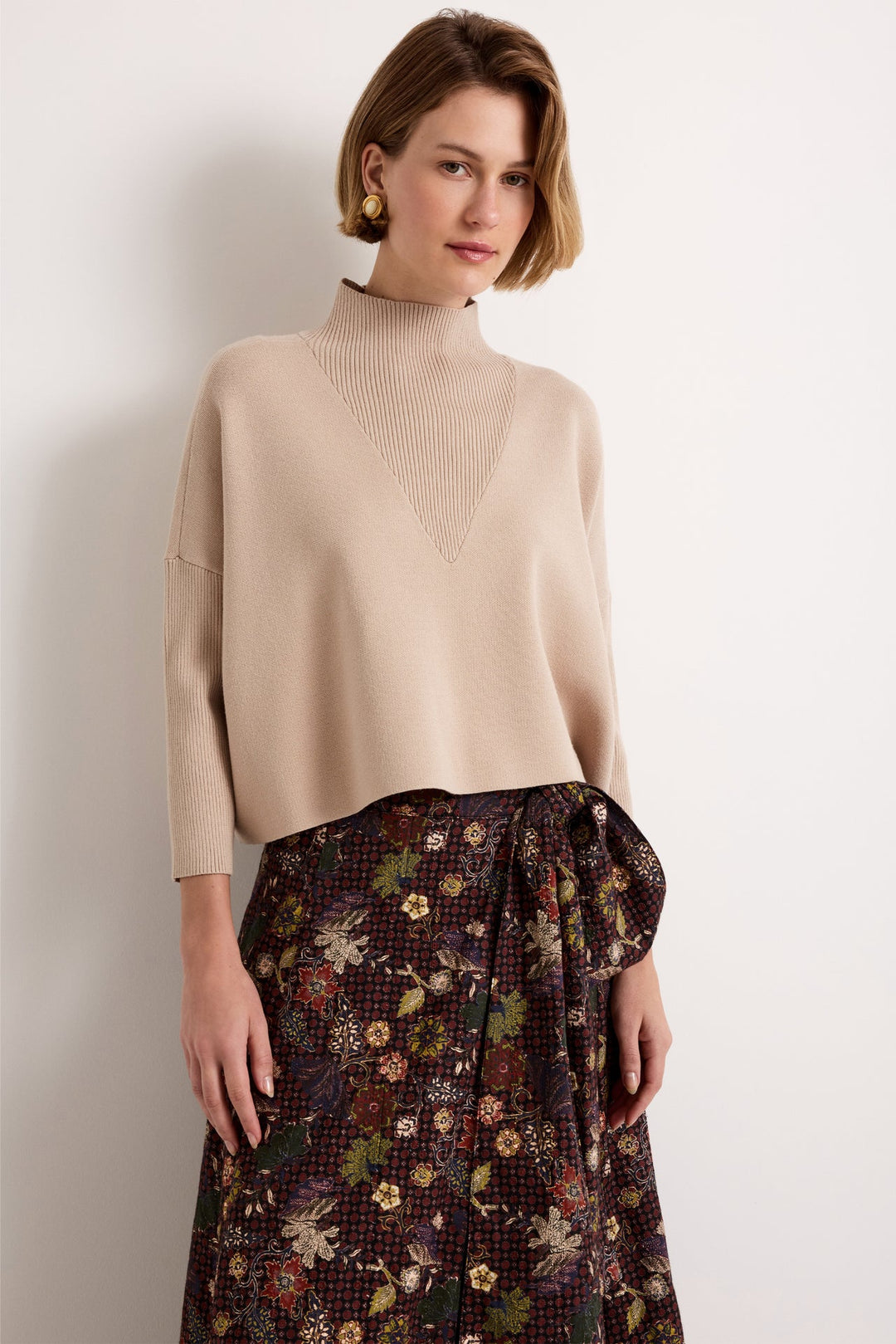 Marie Oliver Claudie Popover in Camel — front detail view showing mock neckline and rib knit trim