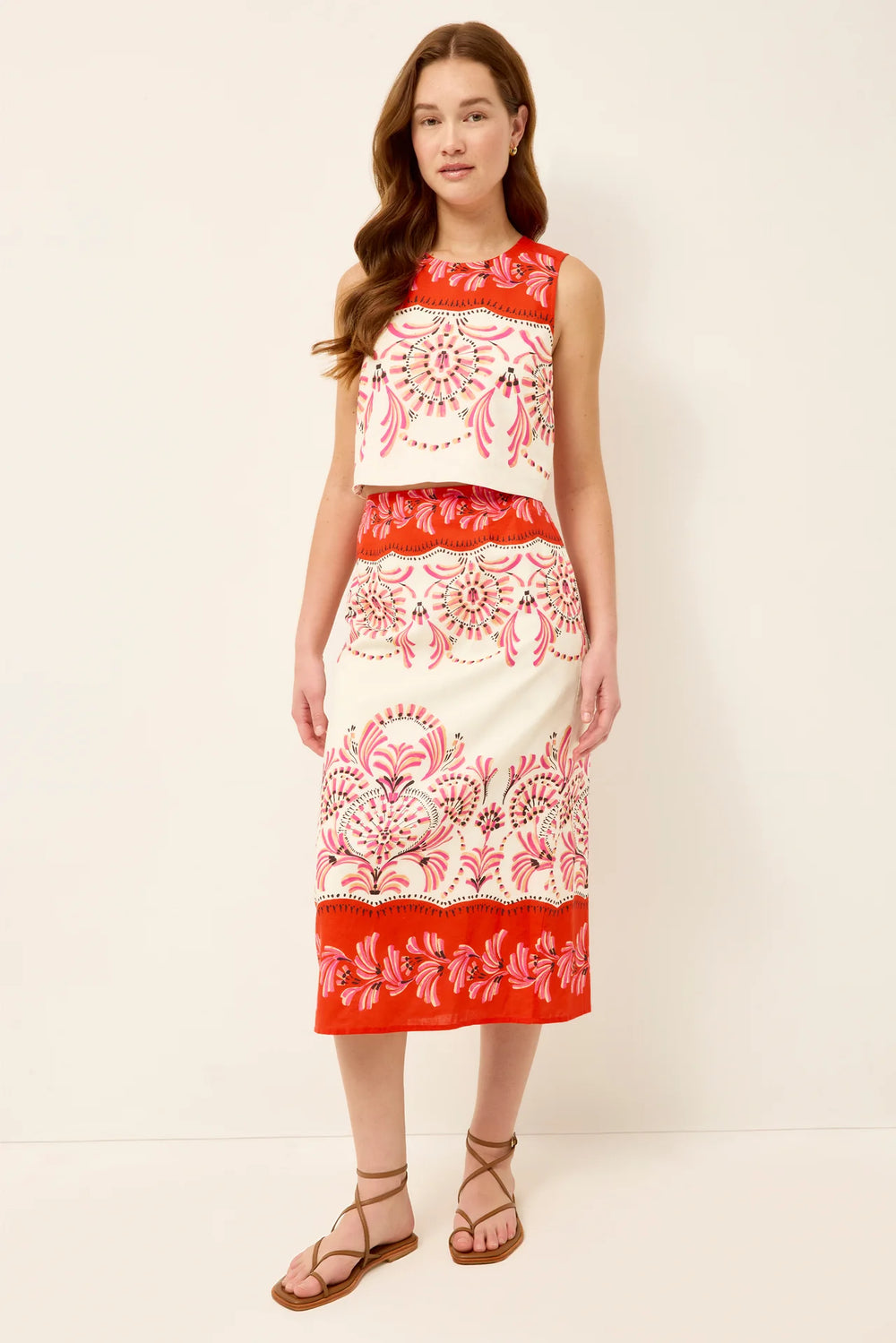 Marie Oliver Sutton Skirt in Seraphine pink and red fan floral placement print with fitted midi silhouette - worn with matching top