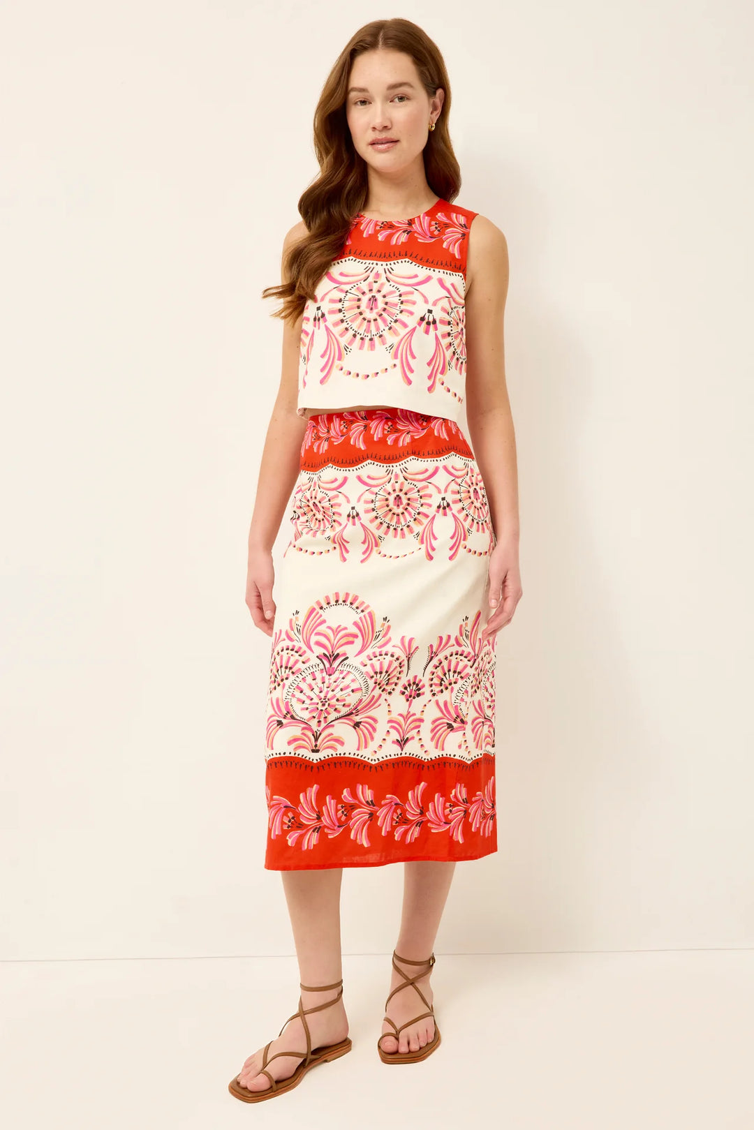 Marie Oliver Sutton Skirt in Seraphine pink and red fan floral placement print with fitted midi silhouette - worn with matching top
