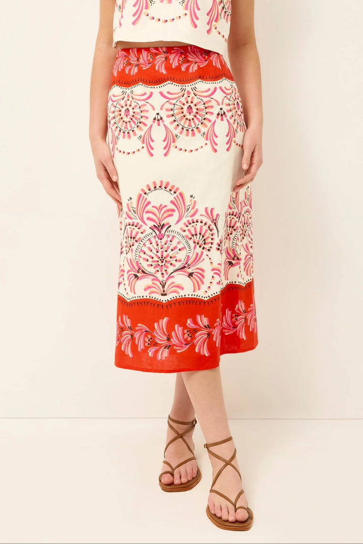 Marie Oliver Sutton Skirt in Seraphine pink and red fan floral placement print with fitted midi silhouette - skirt only