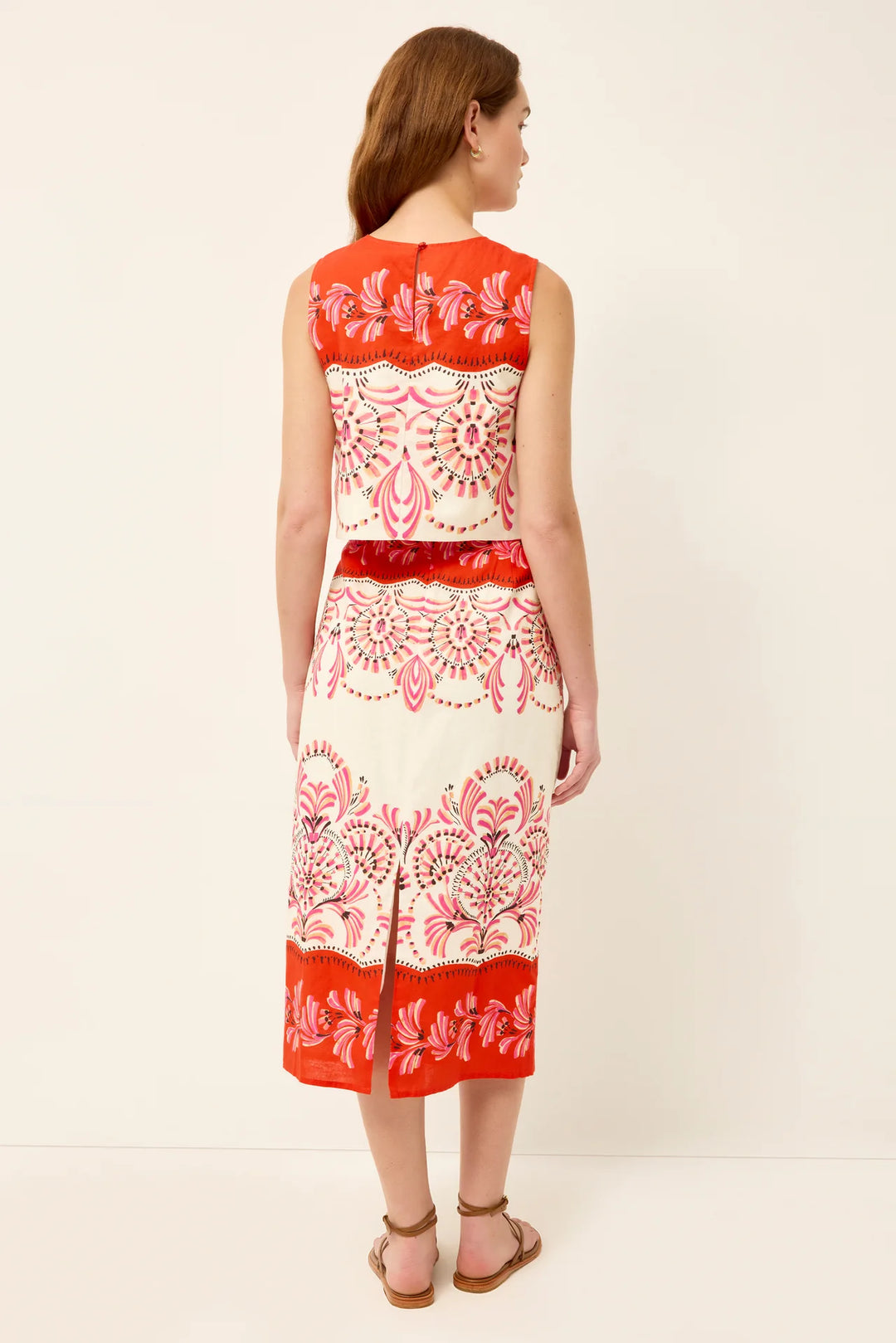 Marie Oliver Sutton Skirt in Seraphine pink and red fan floral placement print with fitted midi silhouette - back