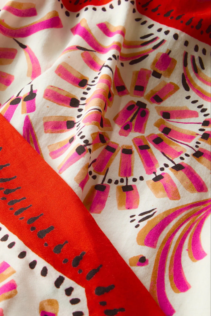 Marie Oliver Sutton Skirt in Seraphine pink and red fan floral placement print with fitted midi silhouette - close up