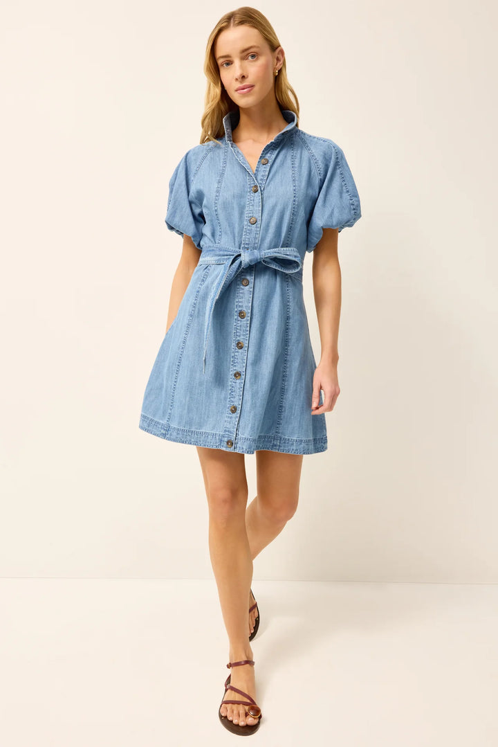 Marie Oliver Esther Dress in Light Wash — front on-model, tie neckline loose, full length