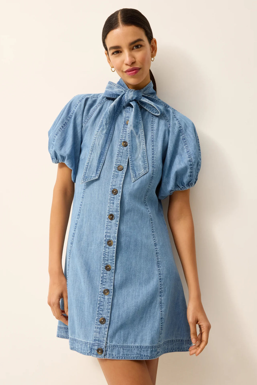Marie Oliver Esther Dress in Light Wash — front on-model, necktie tied at the collar
