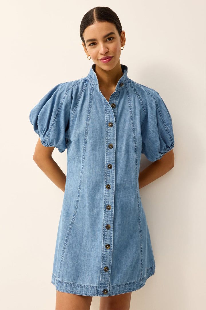 Marie Oliver Esther Dress in Light Wash — front on-model, close-cropped, showing collar and button placket