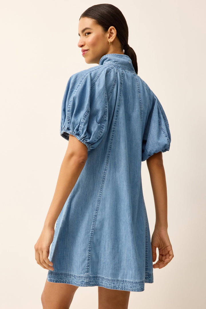 Marie Oliver Esther Dress in Light Wash — back detail, close-cropped, showing puff sleeve construction and seaming