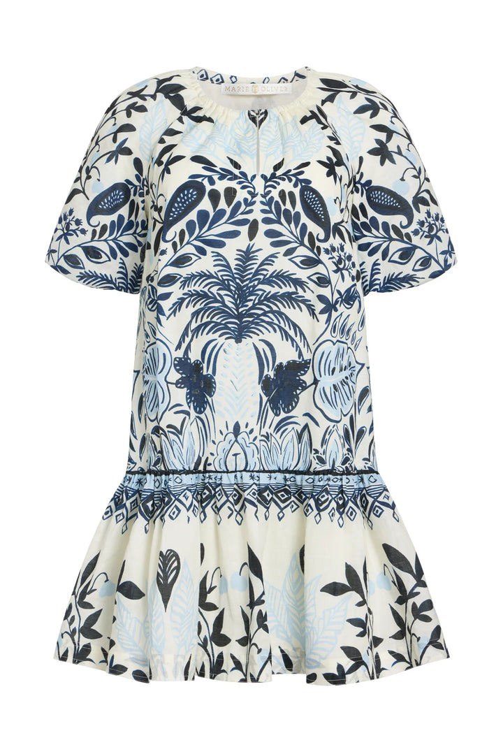 Marie Oliver Greta Dress laid flat, showing full A-line silhouette, scoop neckline, and Tropica print throughout.