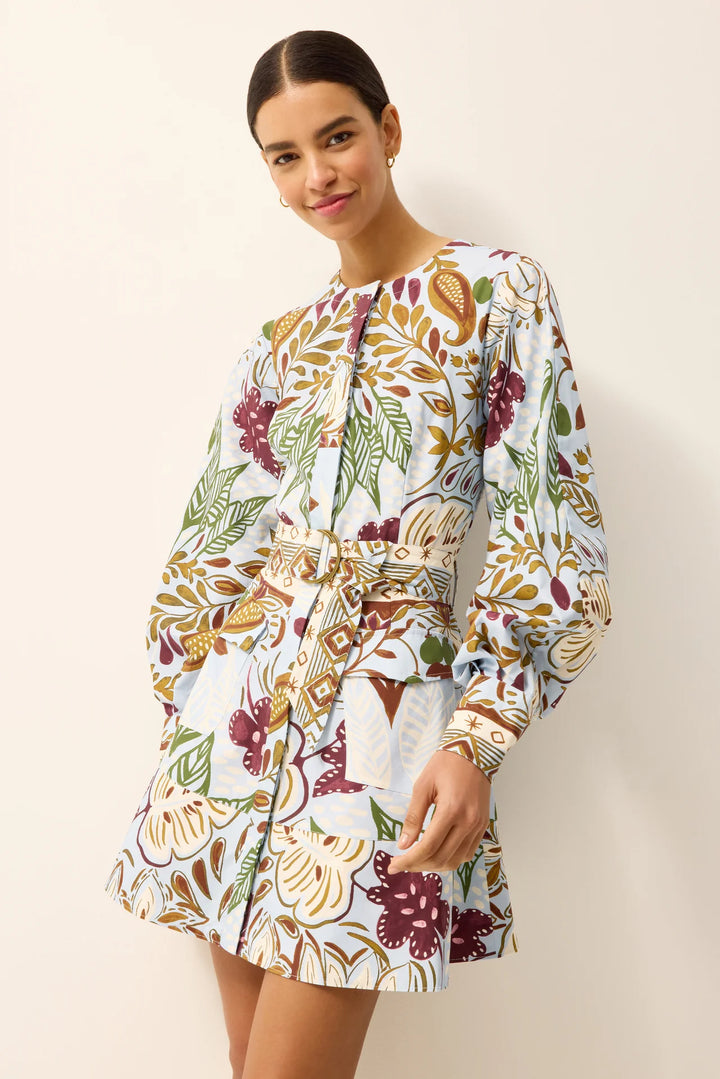 Marie Oliver Hughes Dress in Branche — front on-model, belted, three-quarter view