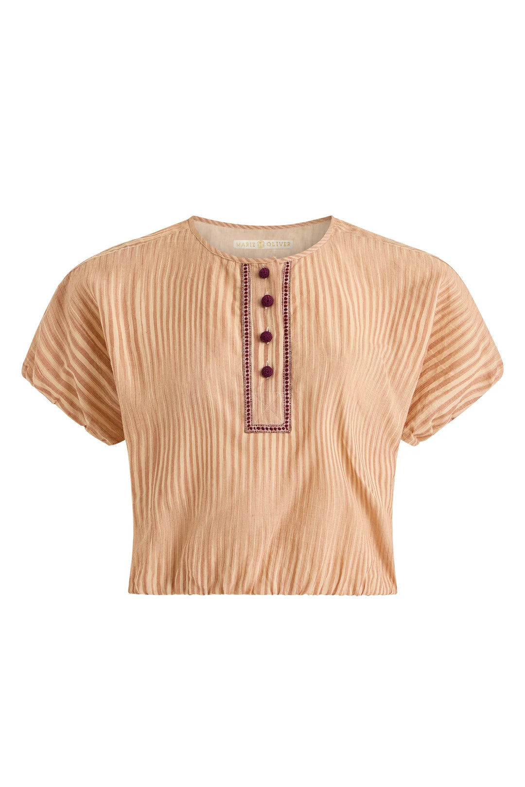 Marie Oliver Jaylen Top in Siena — flat lay, front view showing button placket and embroidered trim