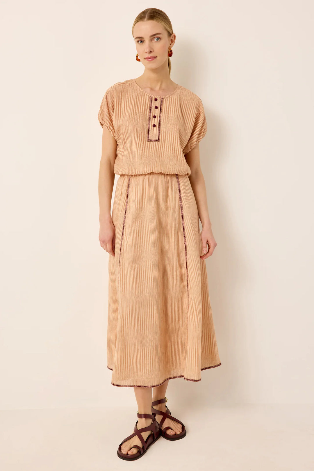 Marie Oliver Sasha Skirt in Siena — front on-model, full length, styled with Jaylen top