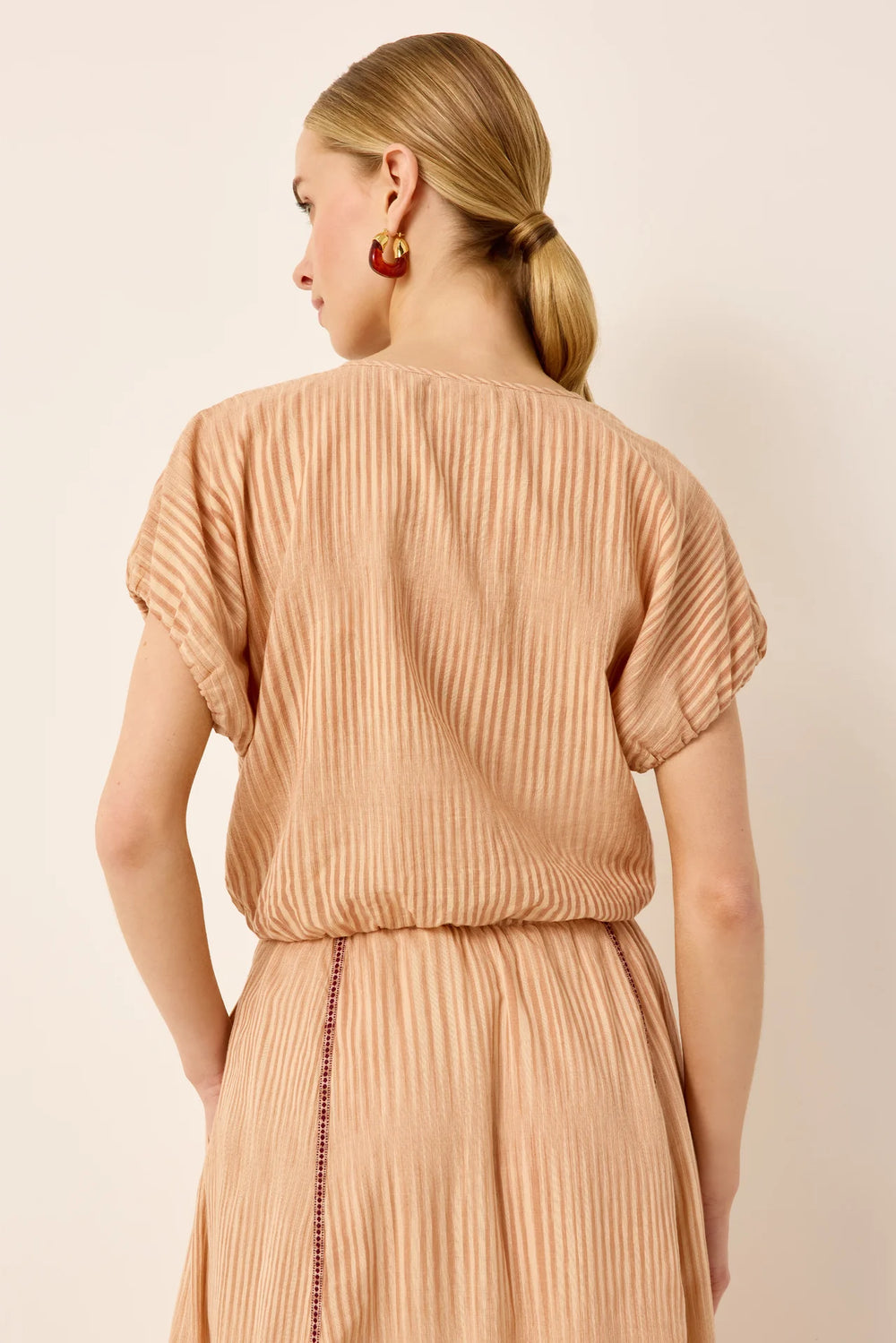 Marie Oliver Jaylen Top in Siena — back on-model, close-cropped, showing dolman sleeve and stripe direction