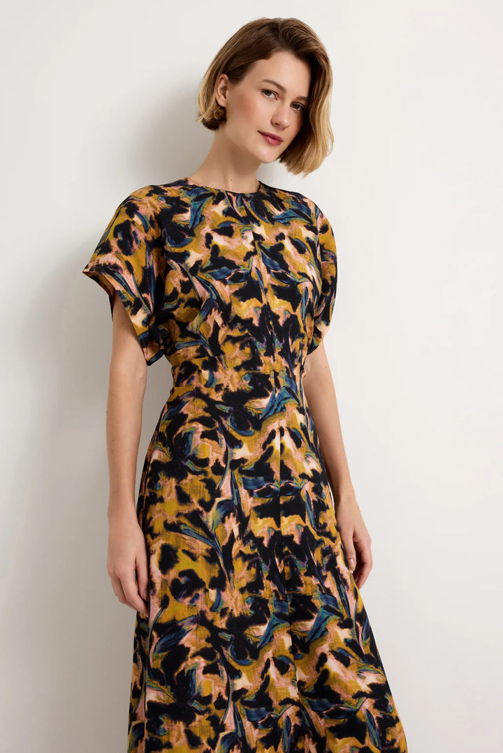Marie Oliver Kamari Dress, Mellow print, front close-up, model shown from waist up highlighting neckline and sleeve detail.