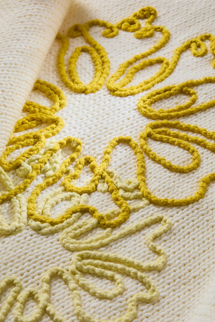 Close-up of cream knit fabric featuring oversized gestural floral embroidery in chartreuse and yellow tones, showing texture contrast between the open-stitch ground and raised looped embroidery detail.2